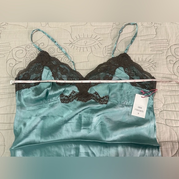 NEW Gold Hawk Two Tone V-Back Lace Chemise Silk Cami M Blue Grotto Brown Lace - Picture 3 of 8